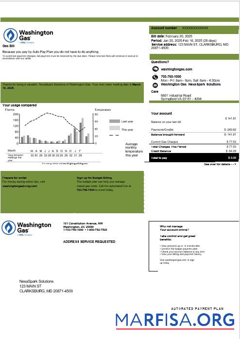 Printable USA Washington Gas (WGL) business utility bill template in Word and PDF formats